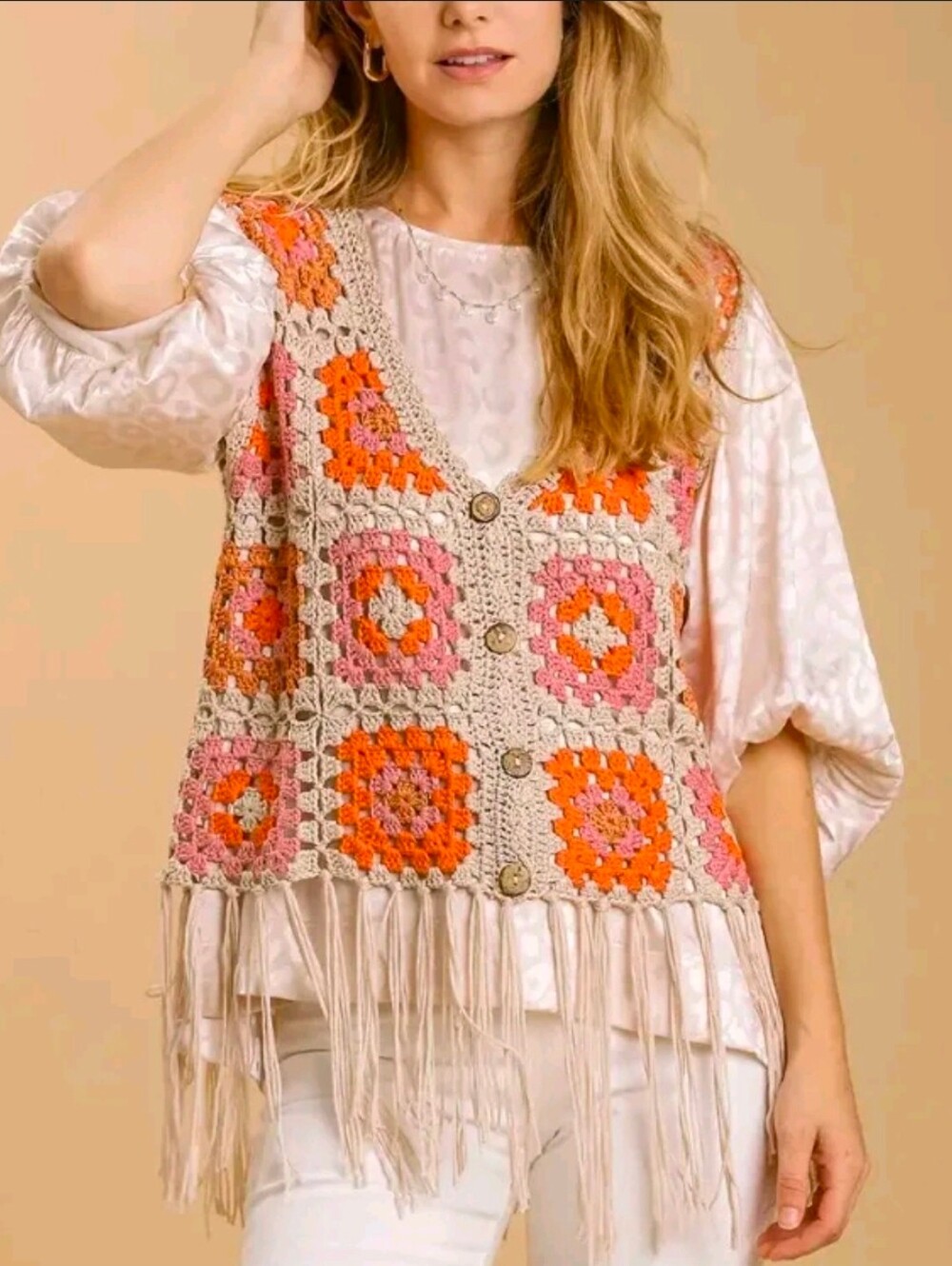 NEW!!! Umgee Granny Square Crochet Fringe Button Vest, Sz Small, NWT